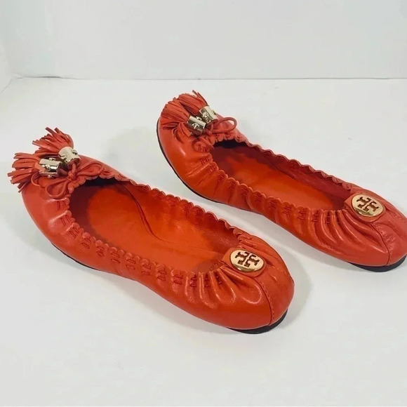 Tory Burch Reese Tassel Flats Orange Leather Size 6.5 - Picture 6 of 9